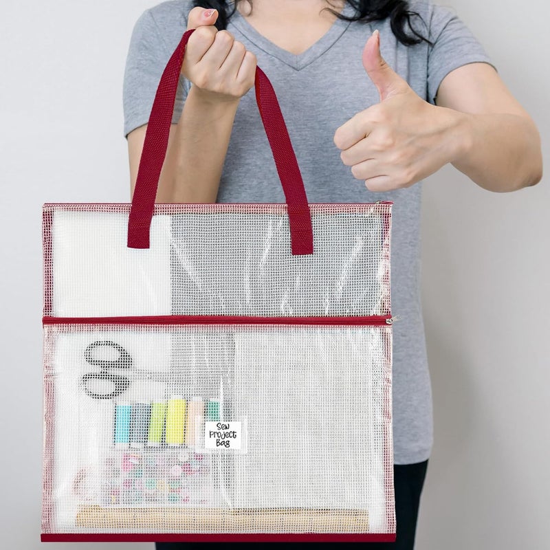 Cosblank 16.1x16.1inch Sew Project Bag Jumbo Needlepoint Project Bag for Sewing Quilting Craft Organizer Storage Portable Vinyl Mesh Zipper Pouch with Handle for Quilter Crafter Art Stitching(Red) - Image 4